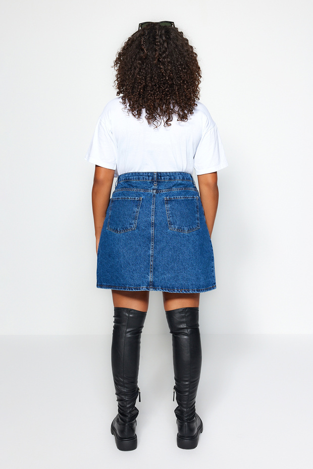 Mavi Yüksek Bel %100 Non-Stretch Pamuk A Shape Denim Etek TBBAW23AZ00042 - 11