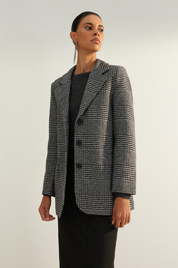 Graue Blazerjacke in Wolloptik mit normalem Futter und gewebtem Karomuster TWOAW24BC00048 - 5