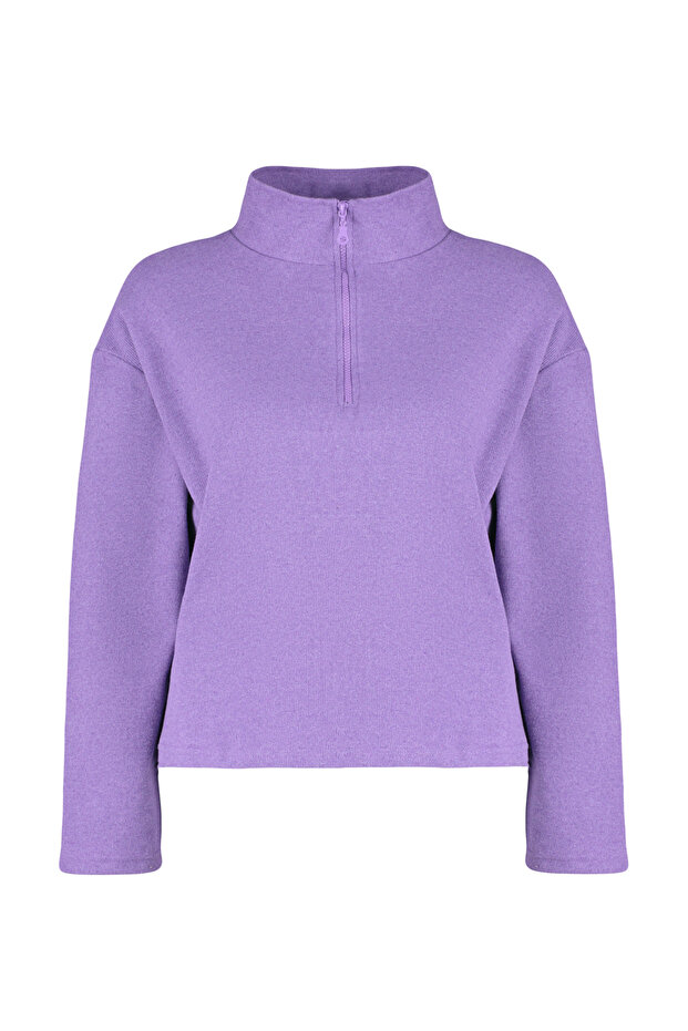 Mor Selanik/Triko Görünümlü Fermuarlı Yaka Regular/Normal Kalıp Örme Sweatshirt TBBAW23AO00006 - 7