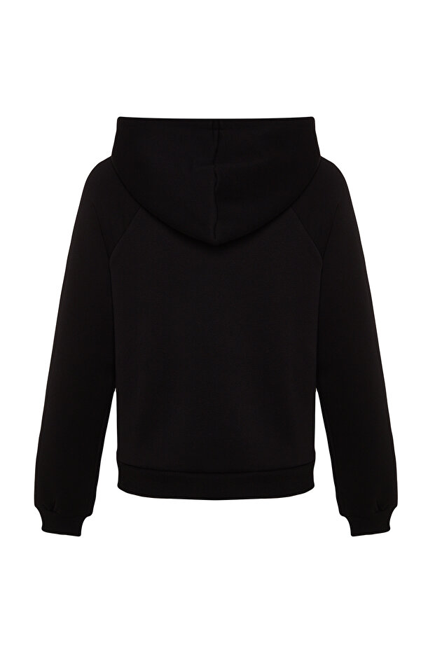Siyah Kapüşonlu Düğme Detaylı Regular Fit Kalın İçi Polarlı Örme Sweatshirt TWOAW24SW00215 - 8