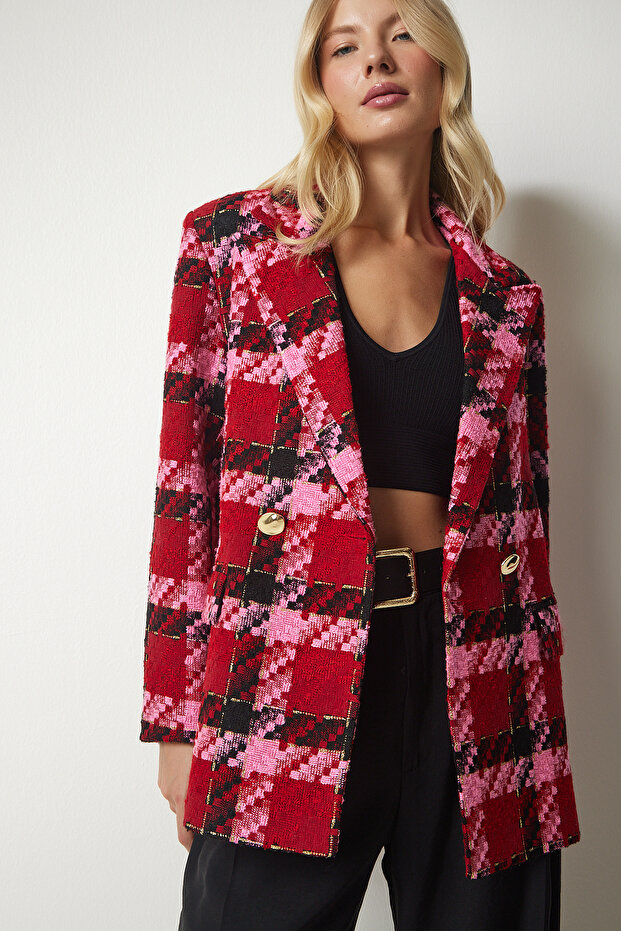 Women's Red Pink Double Breasted Collar Patterned Stylish Woven Jacket WF00056