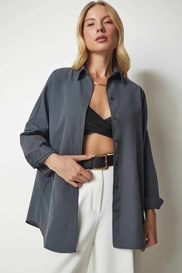 Damska długa koszula basic w kolorze dymionym oversize DD00842 - 2