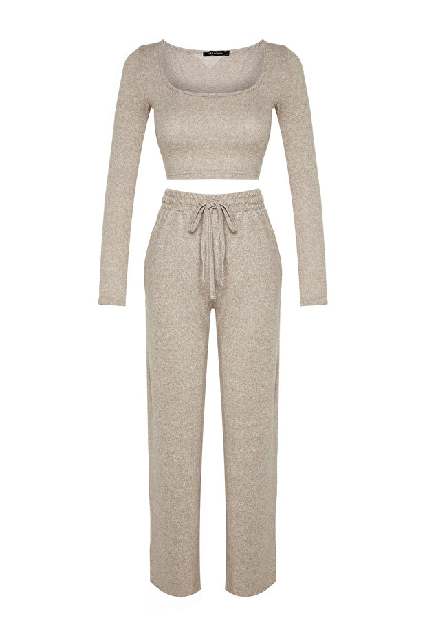 Beżowy zestaw z krótkimi i szerokimi nogawkami/szerokimi nogawkami Yumoş, dzianinowy dół i góra TWOAW23AU00125 - 7