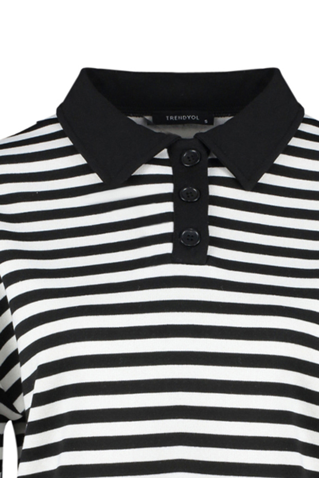 Siyah Çizgili Polo Yaka Kalın İçi Polarlı Oversize Örme Sweatshirt TWOAW24SW00344 - 7