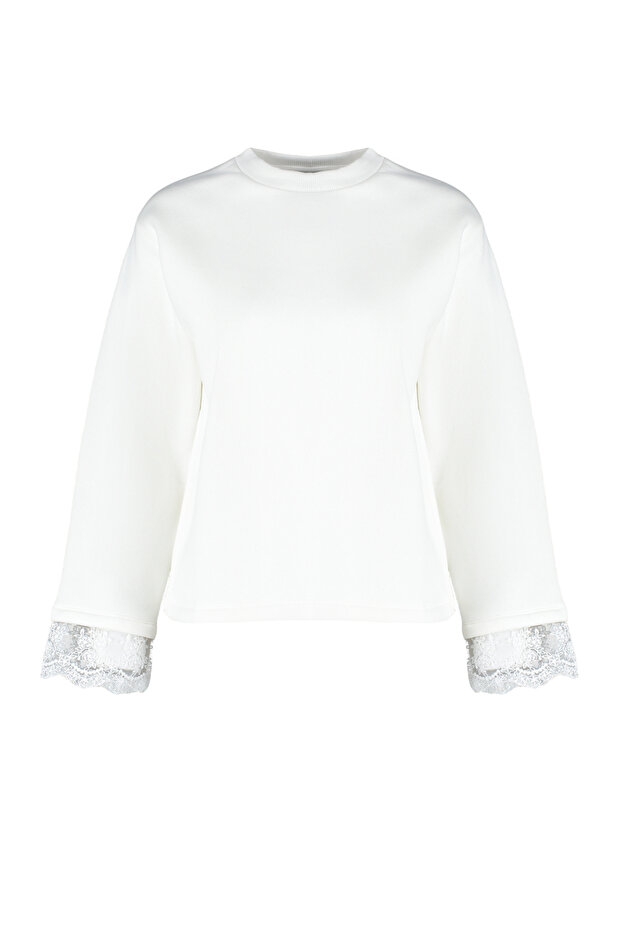 Ekru Dantel Detaylı Kalın İçi Polarlı Oversize/Geniş Kalıp Örme Sweatshirt TWOAW24SW00036 - 6