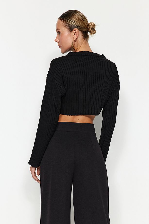 Siyah Cırt Cırt Kapamalı Yüksek Bel Pileli Wide Leg/Geniş Kesim Örme Pantolon TWOAW24PL00177 - 5
