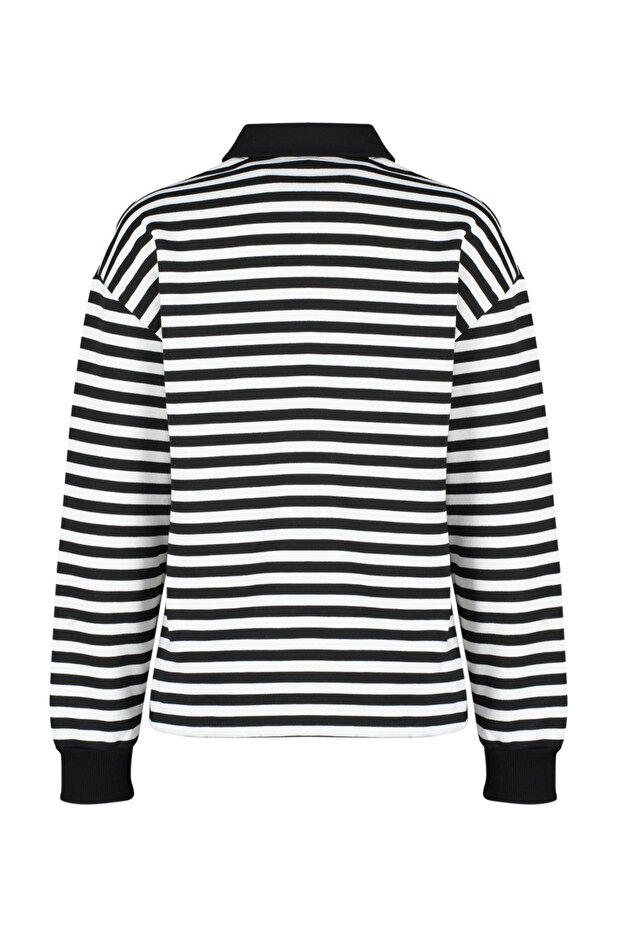 Siyah Çizgili Polo Yaka Kalın İçi Polarlı Oversize Örme Sweatshirt TWOAW24SW00344 - 8