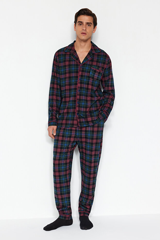 Lacivert Regular Fit Ekose Örme %100 Pamuk Pijama Takımı TMNAW24PT00026 - 2