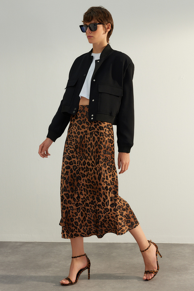 Brown Premium High Quality Animal Patterned Satin Midi Woven Skirt TWOAW24ET00140