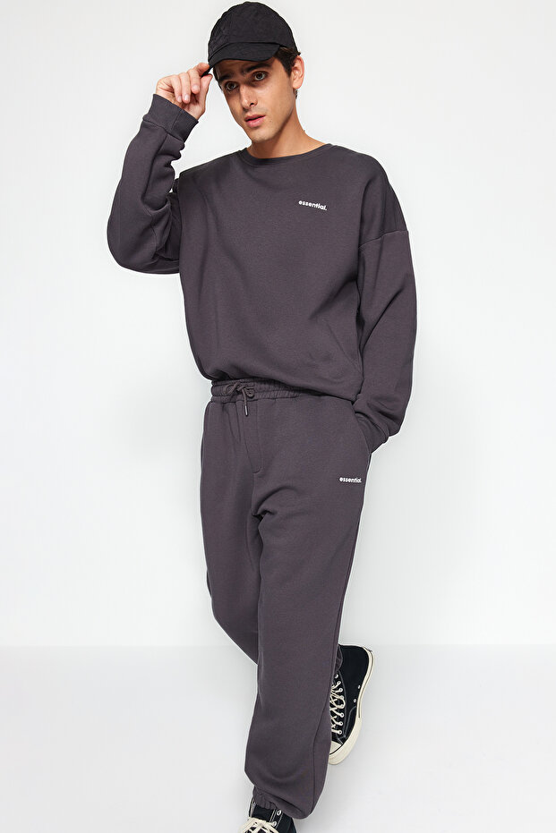 Antrasit Oversize/Geniş Kesim Yazı Baskılı Sıcak Tutan Sweatshirt Eşofman Takım TMNAW24EM00004 - 4