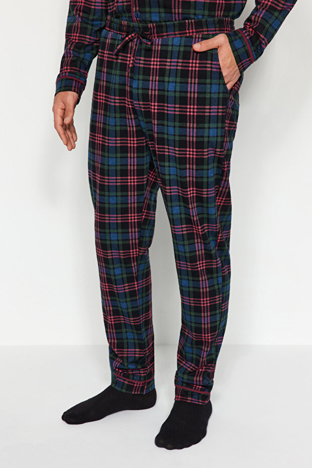 Lacivert Regular Fit Ekose Örme %100 Pamuk Pijama Takımı TMNAW24PT00026 - 6