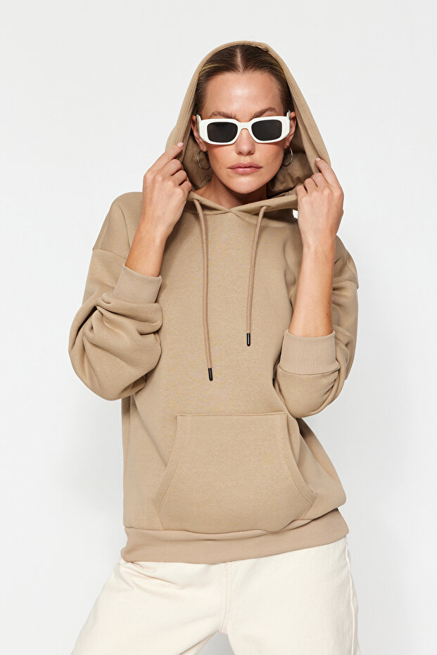 Vizon Kalın İçi Polarlı Oversize/Geniş Kalıp Kapüşonlu Basic Örme Sweatshirt TWOAW24SW00103 - 5