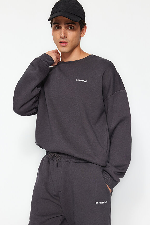 Antrasit Oversize/Geniş Kesim Yazı Baskılı Sıcak Tutan Sweatshirt Eşofman Takım TMNAW24EM00004 - 5