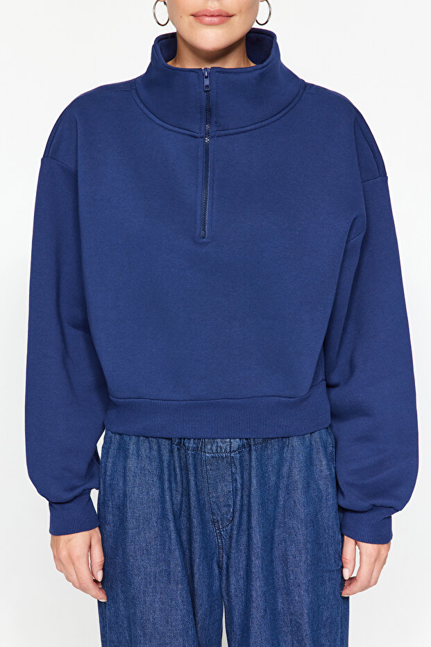 Lacivert Rahat Kesim Crop Basic Fermuarlı Dik Yaka Kalın İçi Polarlı Örme Sweatshirt TWOAW24SW00221 - 4