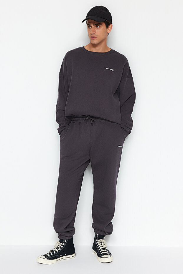Antrasit Oversize/Geniş Kesim Yazı Baskılı Sıcak Tutan Sweatshirt Eşofman Takım TMNAW24EM00004 - 3