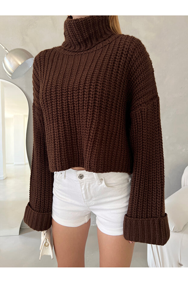 Women's Brown Turtleneck Crop Knitwear Sweater