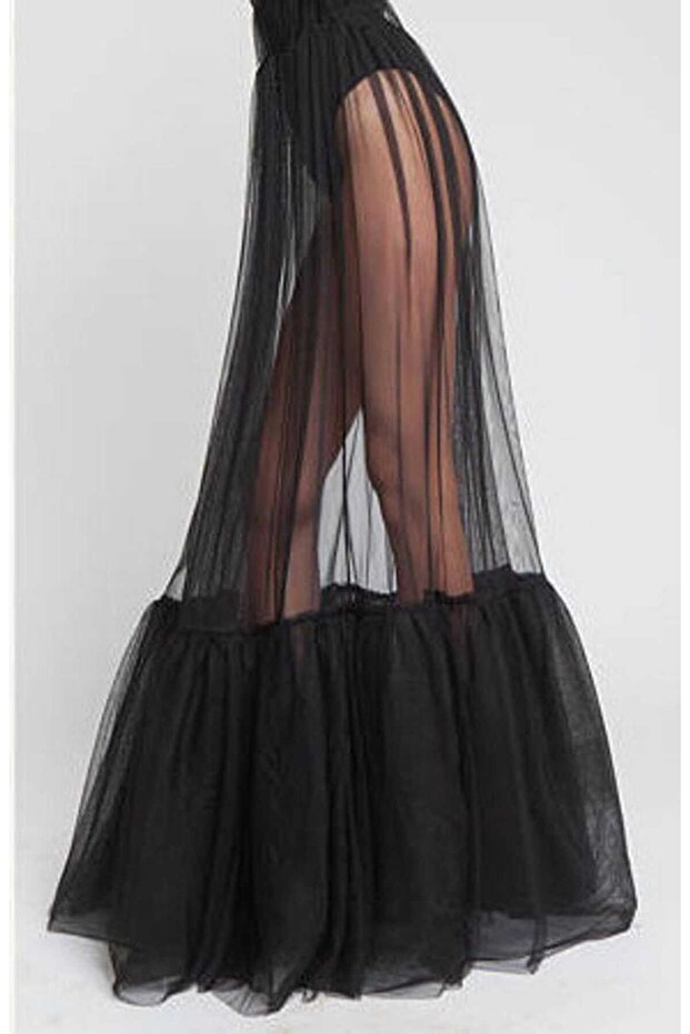 Transparent single-layer black Maxi Skirt Black Long Unlined Tulle Skirt