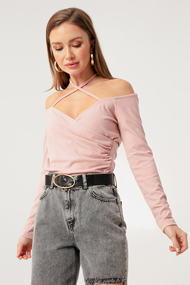 Kadın Pudra Bağlamalı Örme Bluz - 2