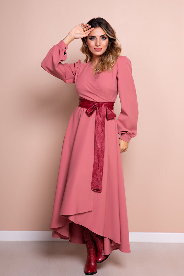 Dried Rose Asymmetric Cut Burgundy Long Sleeve Double Breasted Pattern Dress with Faux Belt Accessories