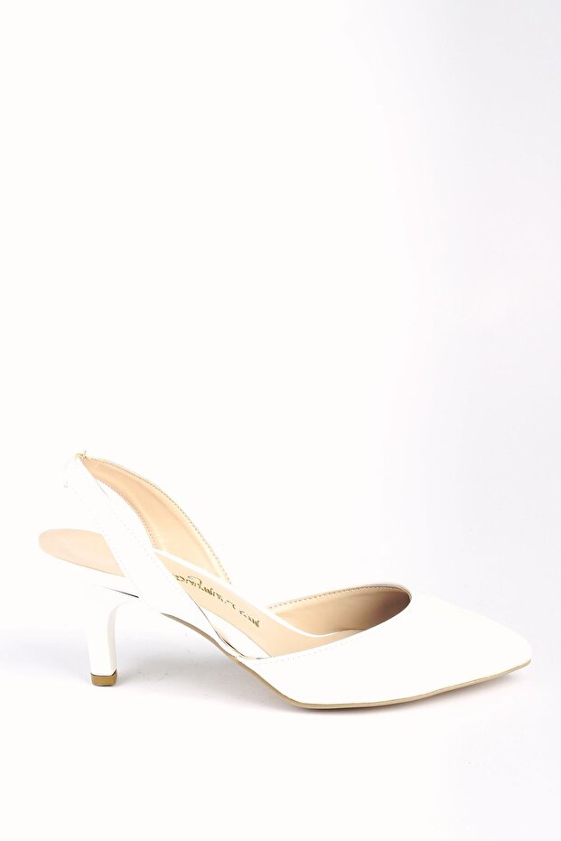 Women's Open Back Short Heeled White Stiletto - Pinpin