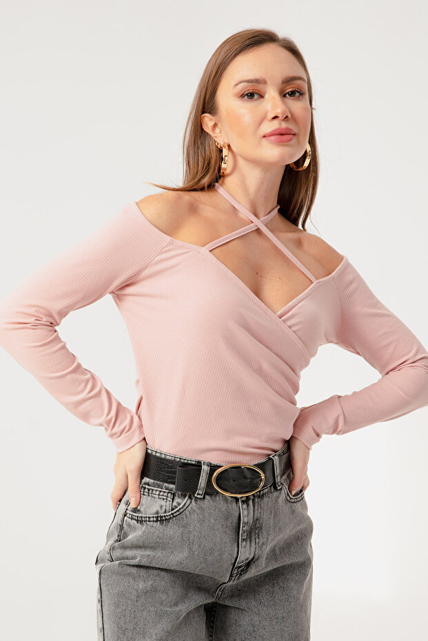 Kadın Pudra Bağlamalı Örme Bluz - 3
