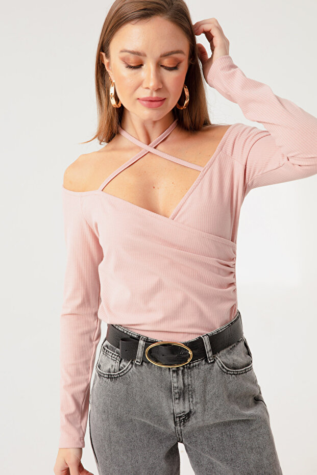 Kadın Pudra Bağlamalı Örme Bluz - 4