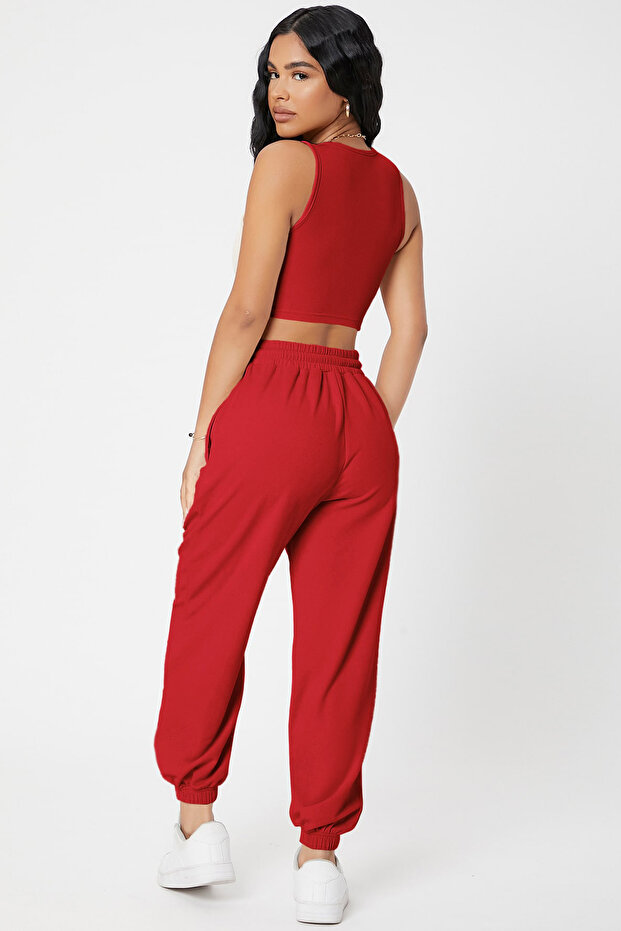 Kadın Kırmızı Kaşkorse Cepli Jogger Eşofman Altı ve Crop Top Bluz - 2