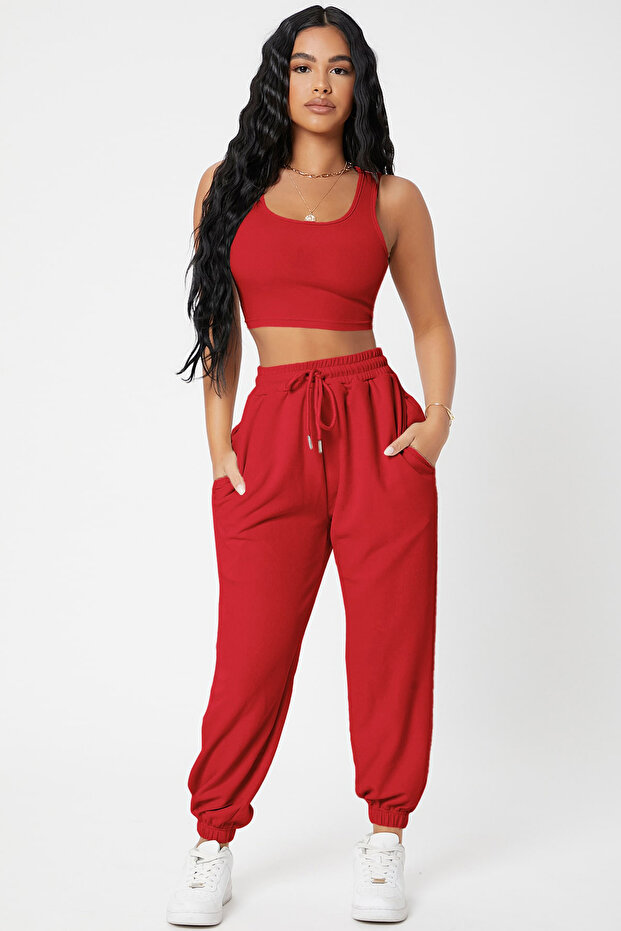 Kadın Kırmızı Kaşkorse Cepli Jogger Eşofman Altı ve Crop Top Bluz - 5