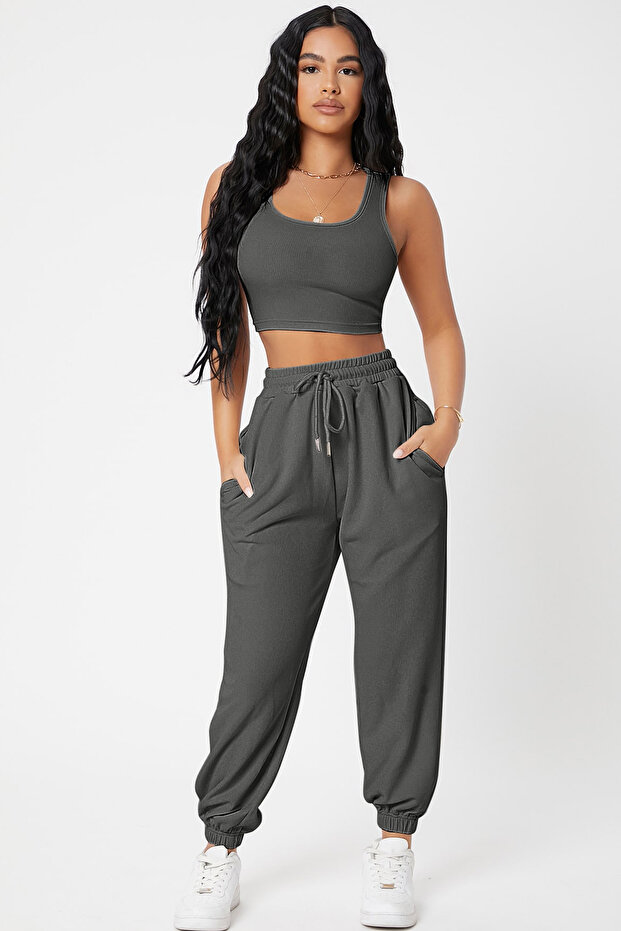 Kadın Antrasit Gri Kaşkorse Cepli Jogger Eşofman Altı ve Crop Top Bluz - 5