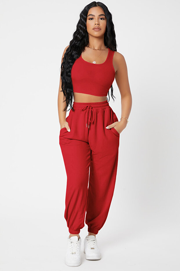 Kadın Kırmızı Kaşkorse Cepli Jogger Eşofman Altı ve Crop Top Bluz - 4
