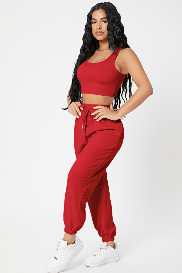 Kadın Kırmızı Kaşkorse Cepli Jogger Eşofman Altı ve Crop Top Bluz - 3