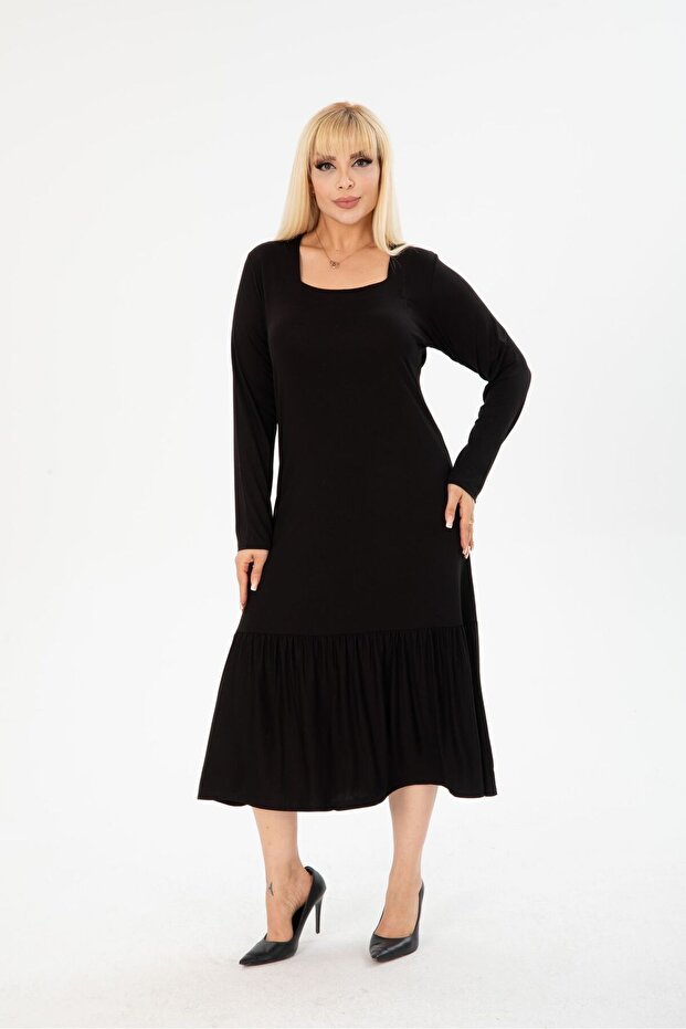 PLUS SIZE BELOW KNEE SQUARE COLLAR LONG SLEEVE VISCOSE COMBED STYLISH DESIGN COMFORTABLE DRESS