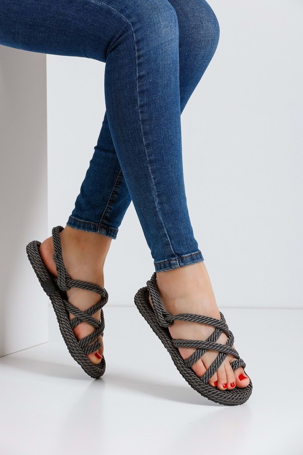 Kadın Rahat Taban Halat Hasır Örgü Sandalet Gri - 5