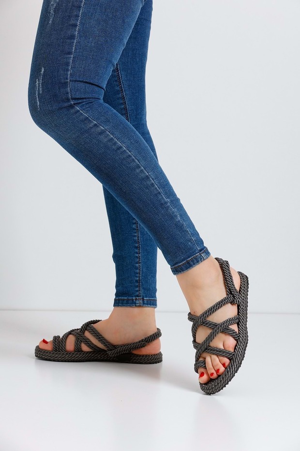 Kadın Rahat Taban Halat Hasır Örgü Sandalet Gri - 3