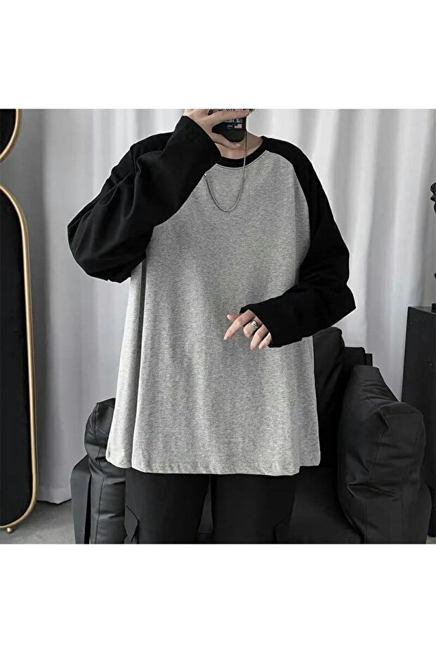 Basic Siyah Gri Raglan Uzun Kollu Tshirt - 2