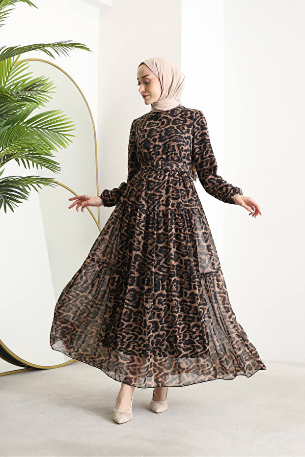 Women's Belt Leopard Print Hijab Chiffon Dress Sms014