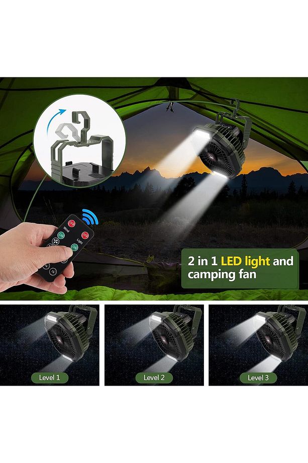 USB Led Işıklı kamp vantilatörü, sessiz vantilatör, 4 hız kademesi, 10400 mAh şarj edilebilir - 3
