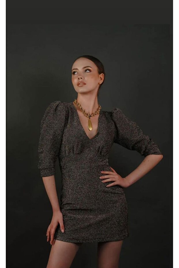 Simli Kumaş Mini Yılbaşı Elbise - 1