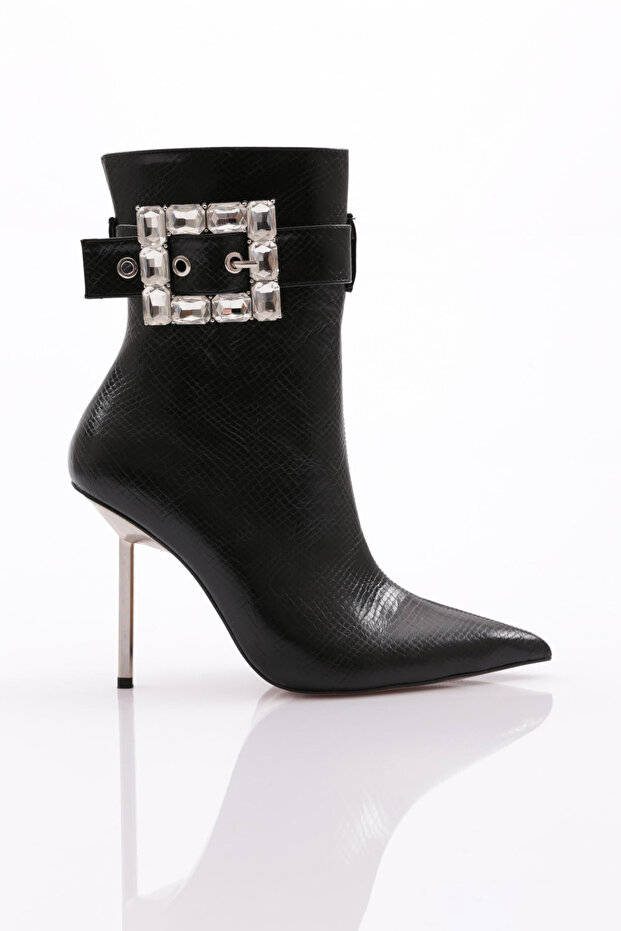 Women's Side Buckle Heeled Boots Black Snake 91133557