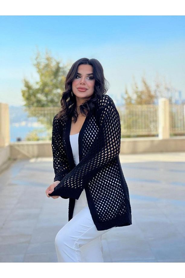 KADIN TRİKO FİLELİ DELİKLİ OVERSİZE HIRKA - 4
