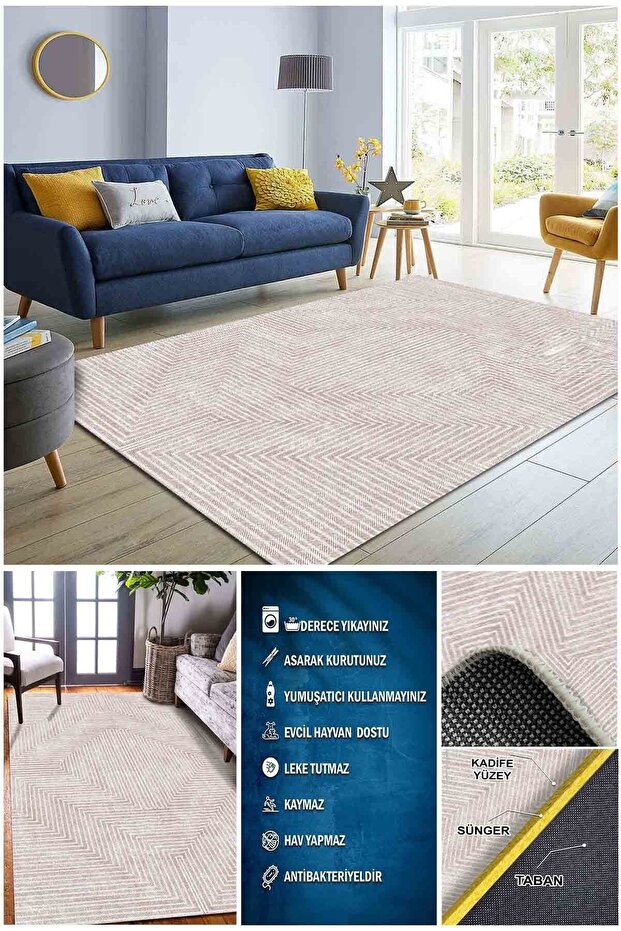 Tegan Dekoratif Kadife Özel Tasarım , Pamuk Taban ,kaydırmaz ,yıkanabilen , Antibakteriyel Halı - 4