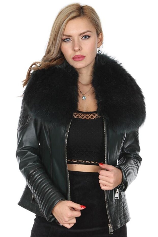Genuine Leather Black Fur Collar Zippered Women's Leather Coat