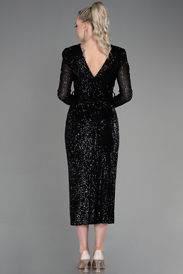 Siyah Uzun Kol Yırtmaçlı Pullu Midi Davet Elbisesi ABK1808 - 2