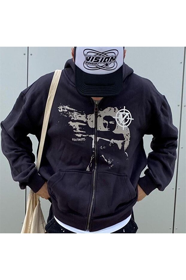 Killer Girl Vicinity Printed Oversize Zippered Black Unisex Hooded Cardigan