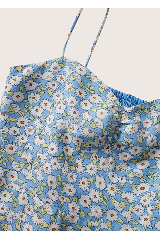 Desenli Askılı Elbise - 6