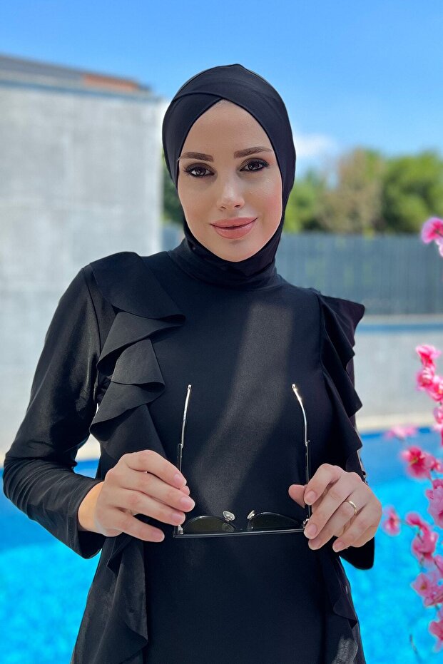 Cross Scarf Swimming Cap R026 Black