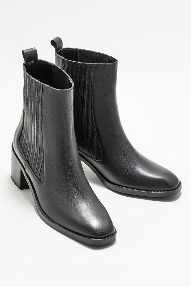 Siyah Deri Kadın Topuklu Bot - 2