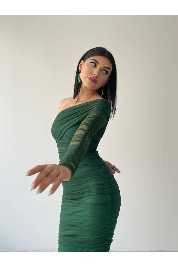 Draped Lined Tulle Fabric Single Sleeve Slim Fit Midi Length Pencil Evening Dress Zumrut 583223