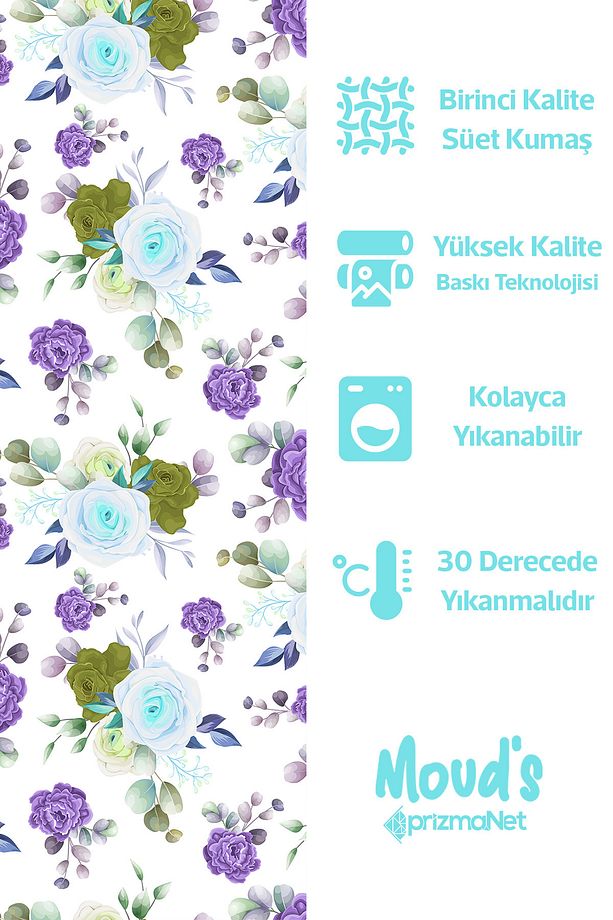 Lila Mavi Gül Desenli Yuvarlak Süet Dertsiz Masa Örtüsü - 2