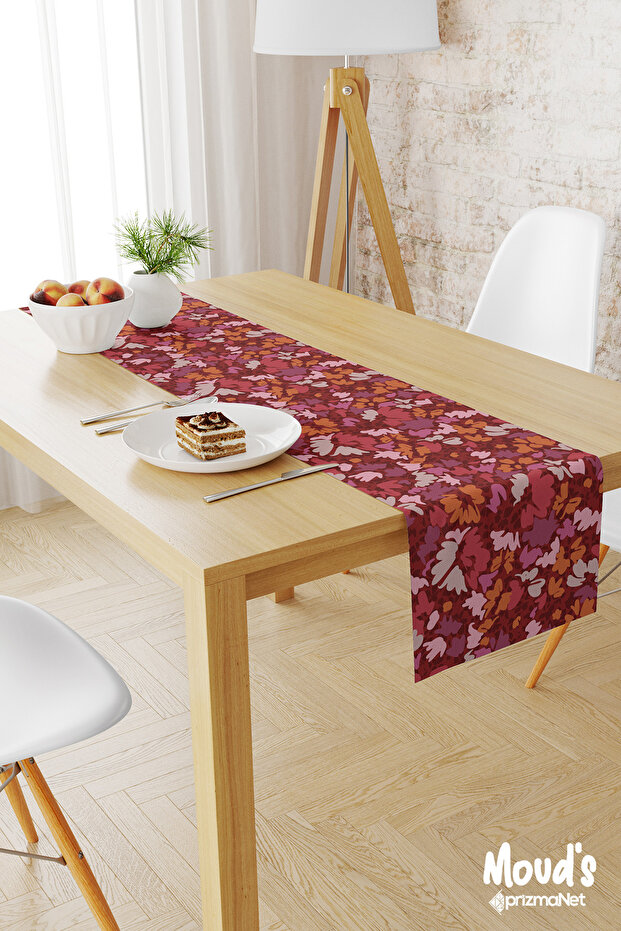 Burgundy 2 Pattern Printed Suede Runner Tablecloth - 1